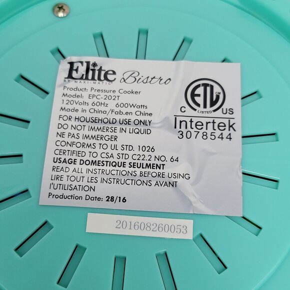 Elite Bistro By Maxi Matic EPC-202T 8 Qt Electric Pressure Cooker Turquoise Blue - Picture 6 of 16